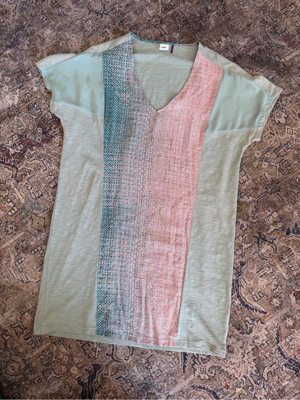 Anthropologie Mint Top with Pink and Teal Center Panels